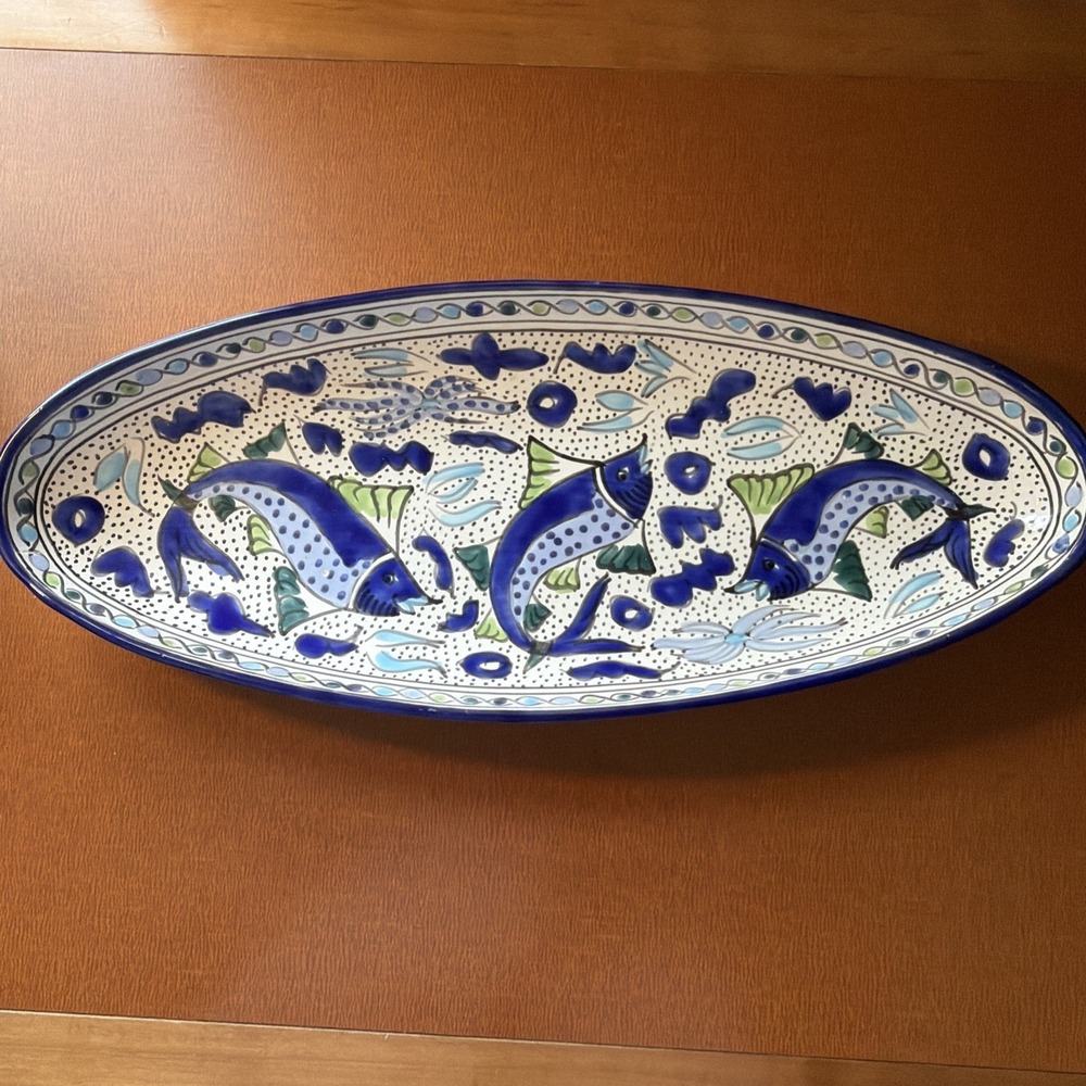 LE SOUK TUNISIA Fish Motif Hand Painted Serving Platter‎ Dish Oval  21"x9" EUC